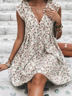 Mini Dresses White Printed Sleeveless Short Dress For Women