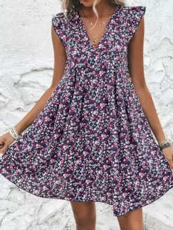 Mini Dresses White Printed Sleeveless Short Dress For Women