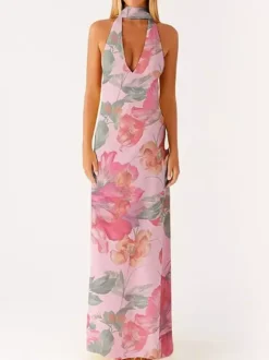 Minimalism Halter Neck Maxi Dress For Women - Elegant Backless Sleeveless Prom Gown With Scarf - Summer Formal Evening 2026