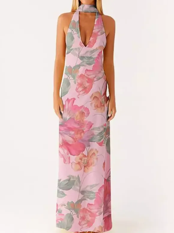 Minimalism Halter Neck Maxi Dress For Women - Elegant Backless Sleeveless Prom Gown With Scarf - Summer Formal Evening 2026