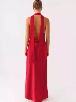 Minimalism Halter Neck Maxi Dress For Women - Elegant Backless Sleeveless Prom Gown With Scarf - Summer Formal Evening 2026