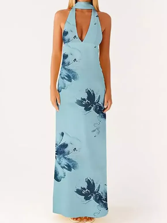 Minimalism Halter Neck Maxi Dress For Women - Elegant Backless Sleeveless Prom Gown With Scarf - Summer Formal Evening 2026