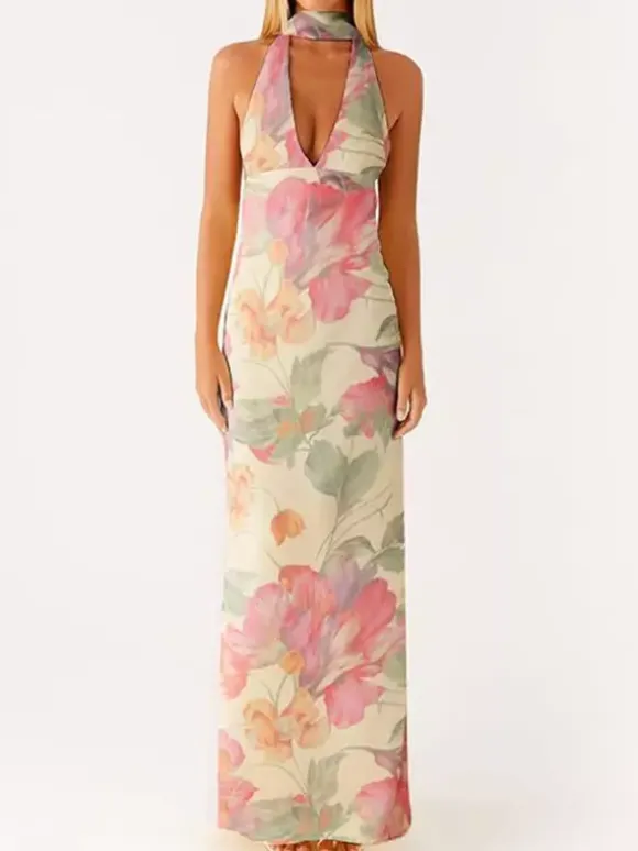 Minimalism Halter Neck Maxi Dress For Women - Elegant Backless Sleeveless Prom Gown With Scarf - Summer Formal Evening 2026