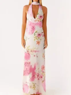 Minimalism Halter Neck Maxi Dress For Women - Elegant Backless Sleeveless Prom Gown With Scarf - Summer Formal Evening 2026