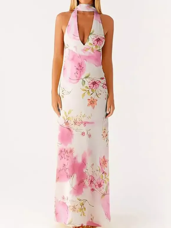 Minimalism Halter Neck Maxi Dress For Women - Elegant Backless Sleeveless Prom Gown With Scarf - Summer Formal Evening 2026