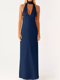 Minimalism Halter Neck Maxi Dress For Women - Elegant Backless Sleeveless Prom Gown With Scarf - Summer Formal Evening 2026