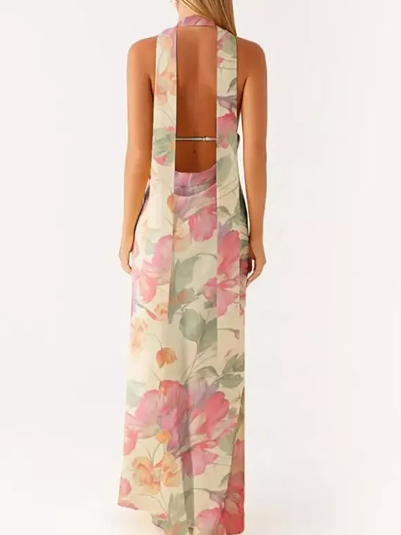 Minimalism Halter Neck Maxi Dress For Women - Elegant Backless Sleeveless Prom Gown With Scarf - Summer Formal Evening 2026
