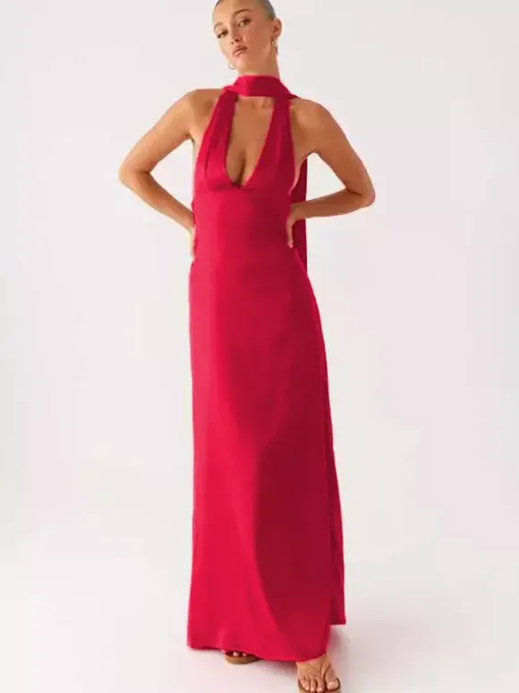Minimalism Halter Neck Maxi Dress For Women - Elegant Backless Sleeveless Prom Gown With Scarf - Summer Formal Evening 2026