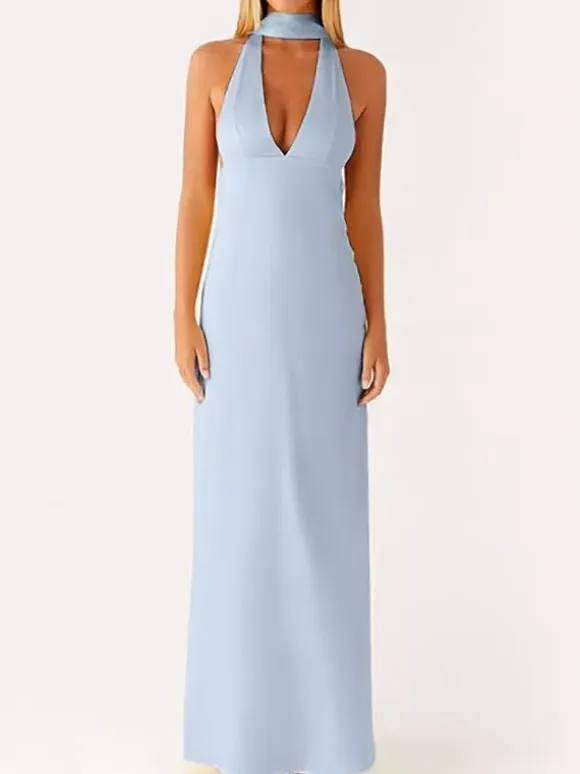 Minimalism Halter Neck Maxi Dress For Women - Elegant Backless Sleeveless Prom Gown With Scarf - Summer Formal Evening 2026