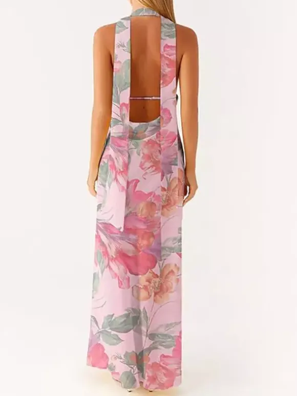 Minimalism Halter Neck Maxi Dress For Women - Elegant Backless Sleeveless Prom Gown With Scarf - Summer Formal Evening 2026