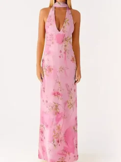 Minimalism Halter Neck Maxi Dress For Women - Elegant Backless Sleeveless Prom Gown With Scarf - Summer Formal Evening 2026