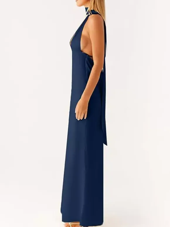 Minimalism Halter Neck Maxi Dress For Women - Elegant Backless Sleeveless Prom Gown With Scarf - Summer Formal Evening 2026