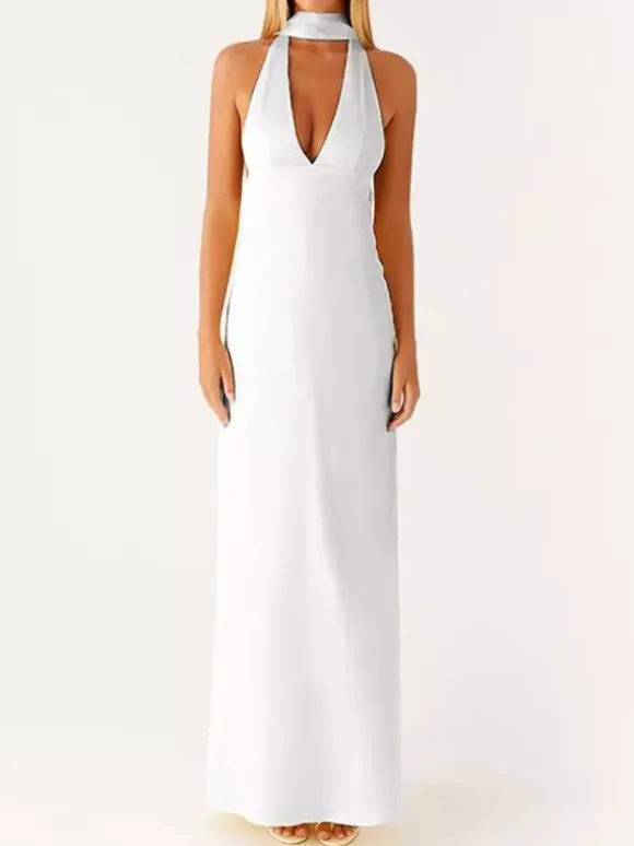 Minimalism Halter Neck Maxi Dress For Women - Elegant Backless Sleeveless Prom Gown With Scarf - Summer Formal Evening 2026