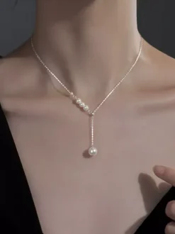 Minimalist Lariat Pearl Choker Small Front Beads Long Single Pearl Drop Neck Jewelry