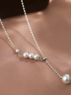Minimalist Lariat Pearl Choker Small Front Beads Long Single Pearl Drop Neck Jewelry