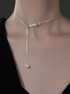 Minimalist Lariat Pearl Choker Small Front Beads Long Single Pearl Drop Neck Jewelry