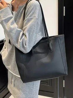 Minimalist Color Block Large Capacity Leather Tote Bag Daily Commute Shoulder Handbag