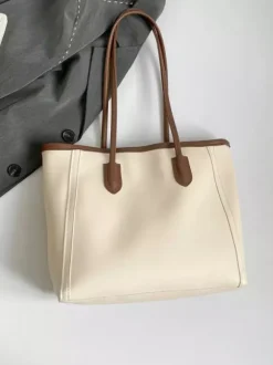 Minimalist Color Block Large Capacity Leather Tote Bag Daily Commute Shoulder Handbag