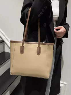 Minimalist Color Block Large Capacity Leather Tote Bag Daily Commute Shoulder Handbag