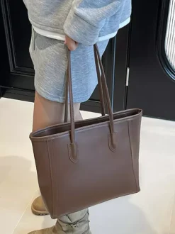 Minimalist Color Block Large Capacity Leather Tote Bag Daily Commute Shoulder Handbag