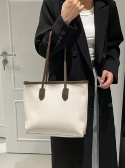 Minimalist Color Block Large Capacity Leather Tote Bag Daily Commute Shoulder Handbag