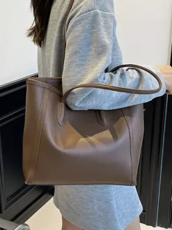 Minimalist Color Block Large Capacity Leather Tote Bag Daily Commute Shoulder Handbag
