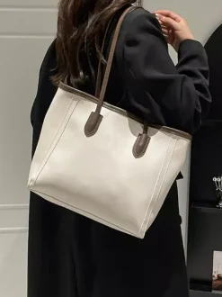Minimalist Color Block Large Capacity Leather Tote Bag Daily Commute Shoulder Handbag