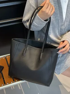 Minimalist Color Block Large Capacity Leather Tote Bag Daily Commute Shoulder Handbag