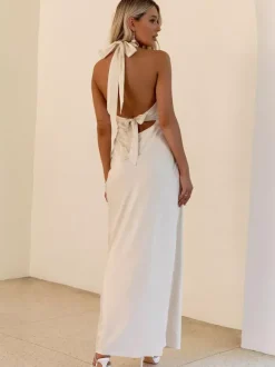 Minimalist Halter Maxi Dress For Women - Deep V Neck Backless Sleevless Long Gown - Summer Cocktail Evening 2026