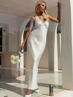 Minimalist Halter Maxi Dress For Women - Deep V Neck Backless Sleevless Long Gown - Summer Cocktail Evening 2026