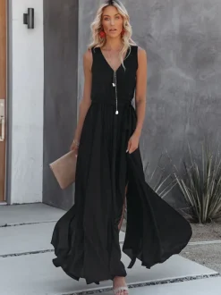 Minimalist Maxi Dress for Women - Black Sleeveless V Neck Side Split Belted Boho Dress - Summer Beach Party 2026