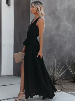 Minimalist Maxi Dress for Women - Black Sleeveless V Neck Side Split Belted Boho Dress - Summer Beach Party 2026