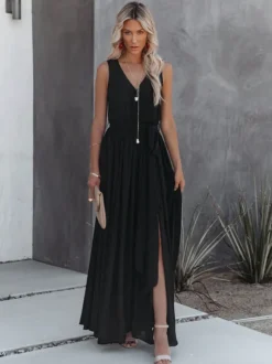 Minimalist Maxi Dress for Women - Black Sleeveless V Neck Side Split Belted Boho Dress - Summer Beach Party 2026