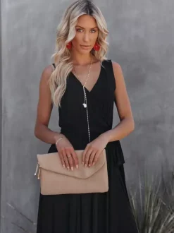 Minimalist Maxi Dress for Women - Black Sleeveless V Neck Side Split Belted Boho Dress - Summer Beach Party 2026