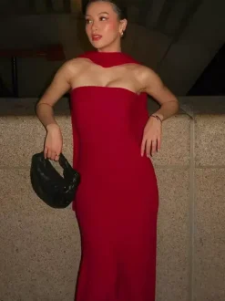 Minimalist Scarf Neck Strapless Dress For Women - Elegant Mermaid Maxi Gown - Spring Formal Evening Gala 2026