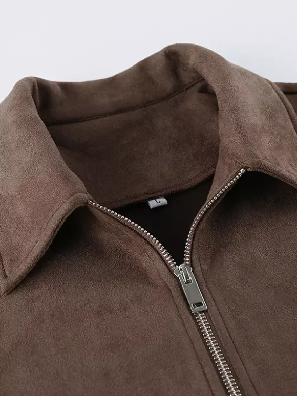 Mocha Suede Women's Cropped Jacket - Minimalist Zip Up Polo Collar Boxy Fit - Street Casual Spring Daily Outfits 2026