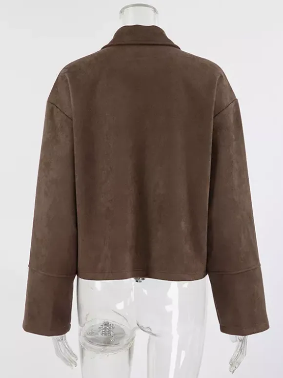 Mocha Suede Women's Cropped Jacket - Minimalist Zip Up Polo Collar Boxy Fit - Street Casual Spring Daily Outfits 2026