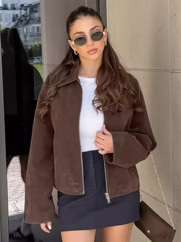 Mocha Suede Women's Cropped Jacket - Minimalist Zip Up Polo Collar Boxy Fit - Street Casual Spring Daily Outfits 2026