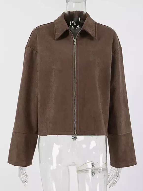 Mocha Suede Women's Cropped Jacket - Minimalist Zip Up Polo Collar Boxy Fit - Street Casual Spring Daily Outfits 2026