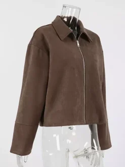 Mocha Suede Women's Cropped Jacket - Minimalist Zip Up Polo Collar Boxy Fit - Street Casual Spring Daily Outfits 2026