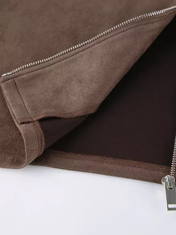 Mocha Suede Women's Cropped Jacket - Minimalist Zip Up Polo Collar Boxy Fit - Street Casual Spring Daily Outfits 2026