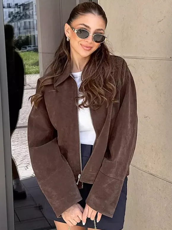 Mocha Suede Women's Cropped Jacket - Minimalist Zip Up Polo Collar Boxy Fit - Street Casual Spring Daily Outfits 2026
