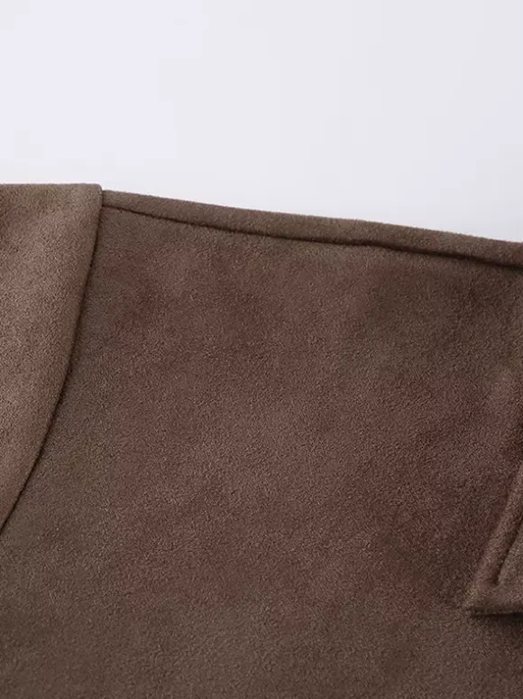 Mocha Suede Women's Cropped Jacket - Minimalist Zip Up Polo Collar Boxy Fit - Street Casual Spring Daily Outfits 2026