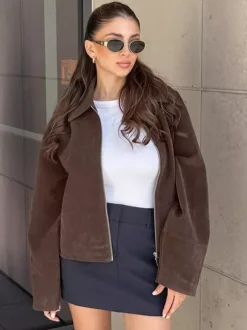 Mocha Suede Women's Cropped Jacket - Minimalist Zip Up Polo Collar Boxy Fit - Street Casual Spring Daily Outfits 2026