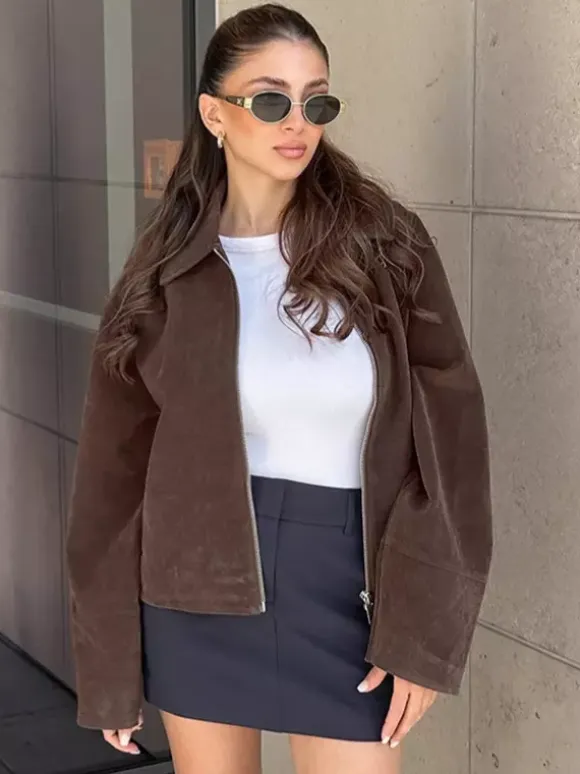 Mocha Suede Women's Cropped Jacket - Minimalist Zip Up Polo Collar Boxy Fit - Street Casual Spring Daily Outfits 2026