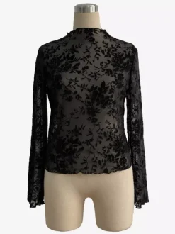 Mock Neck Flocking Floral Mesh Sheer Long Sleeve Skinny Top For Women 2026