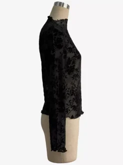 Mock Neck Flocking Floral Mesh Sheer Long Sleeve Skinny Top For Women 2026