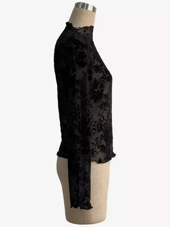 Mock Neck Flocking Floral Mesh Sheer Long Sleeve Skinny Top For Women 2026