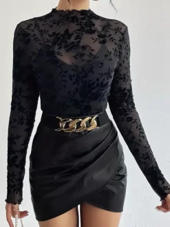 Mock Neck Flocking Floral Mesh Sheer Long Sleeve Skinny Top For Women 2026