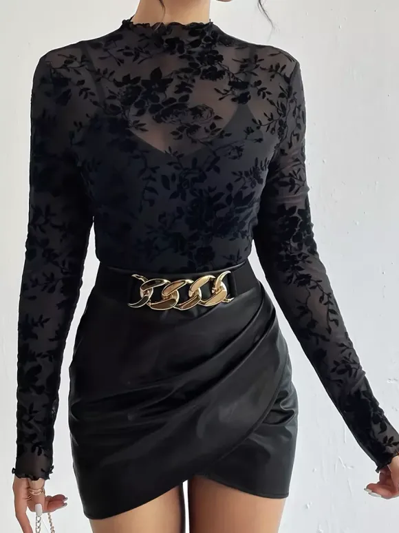 Mock Neck Flocking Floral Mesh Sheer Long Sleeve Skinny Top For Women 2026